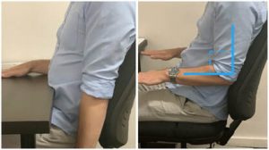 For the best sitting position, bring chair all the way into the desk so that your stomach is touching the desk whilst your back is supported by the chair.